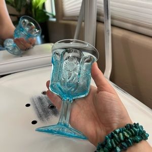 St. Clair Panelled Thistle Cobalt Carnival Glass Wine Goblet Aqua blue vintage